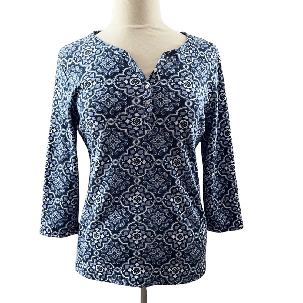 Karen Scott Top Henley Shirt Medallion Pattern Small Blue